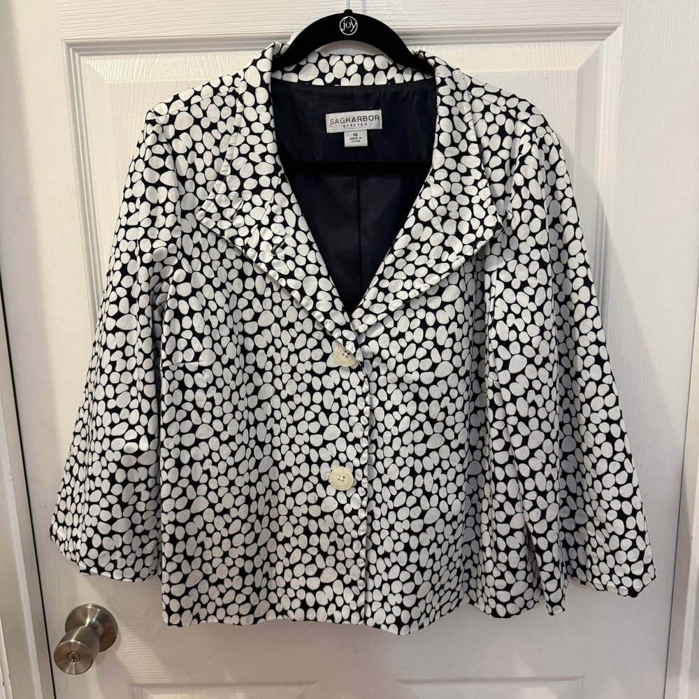 Sag Harbor Women 16 Stretch Blue White Pebble Print Button Up Crop Jacket Blazer